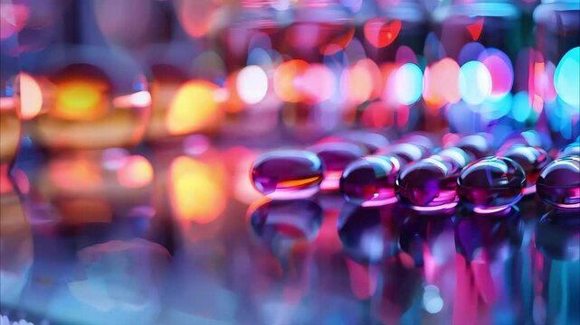 Colorful gelatin capsules arranged on a reflective surface, with blurred bottles in the background creating a vibrant atmosphere.