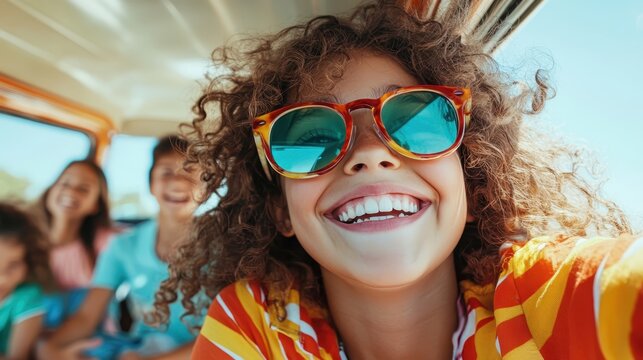 An ecstatic youth in a striped shirt takes a lively selfie, showcasing round colorful glasses and a big smile, encapsulating contagious joy and youthful exuberance.