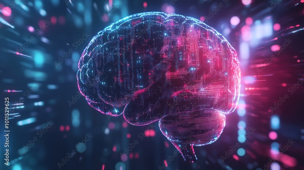 Poster digital brain with glowing lines and bokeh