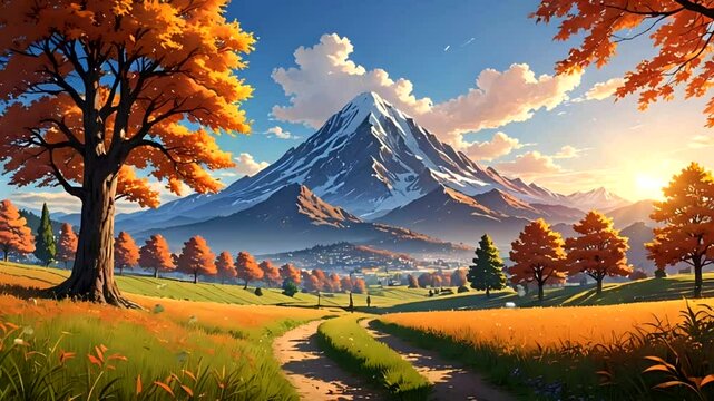 a mountainous landscape with towering, snow-capped mountain peaks in the background. Warm golden meadows stretch across the foreground, Seamless looping 4k time-lapse animation video background