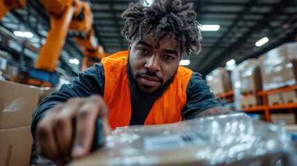 A worker wearing an orange vest is checking a package in a warehouse with a curious glance, suggesting diligence and attention to detail.