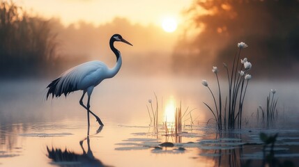Fototapeta premium Graceful crane poised in tranquil pond at dawn, symbolizing balance and longevity, embodying feng shui principles