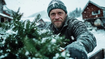 In a flurry of snow, a warmly dressed man attentively gathers festive greenery, conveying a sense of dedication and enthusiasm during the holiday season.