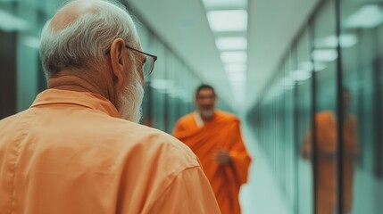 An elderly man and a monk dressed in orange robes walk through a tranquil corridor, symbolizing wisdom, peace, and the spiritual journey in a minimalist environment.
