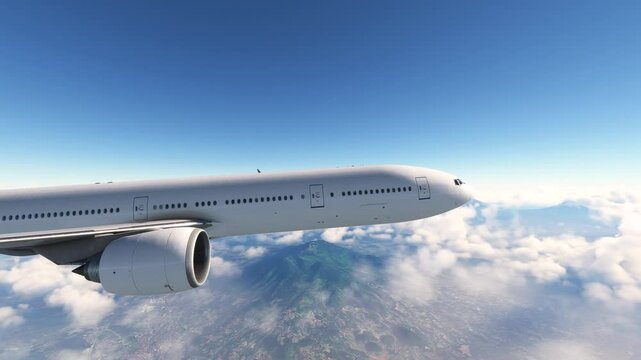 Airliner aircraft flying high above clouds and sky