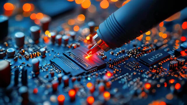 A close-up of a technician's hand carefully repairing a glowing circuit board, symbolizing precision, technology, engineering, electronics, and the intricate work of hardware repair