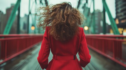 A woman with curly hair wearing a vibrant red coat stands on a bridge in an urban setting, signifying confidence and boldness against a backdrop of city architecture.