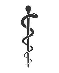 Staff of asclepius symbol. Caduceus sign. Snake around pole medical logo. Vector illustration image.