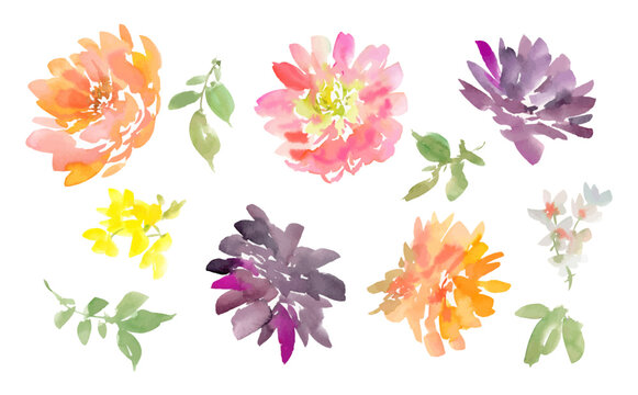 Watercolor-painted abstract dahlia vector illustration set for background and patterns.