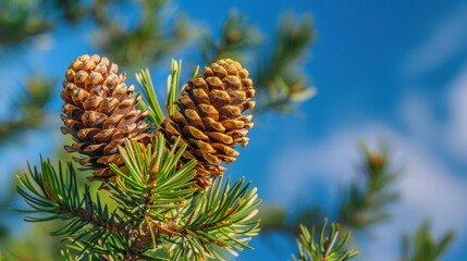 pine cones on the top of an evergreen tree