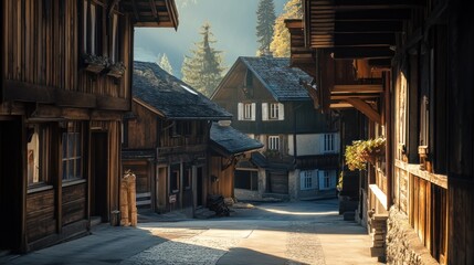 Obraz premium Charming Wooden Village Street