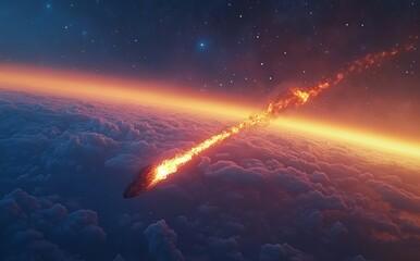 Fiery Meteorite Descending Through a Starry Night Sky. AI generated illustration