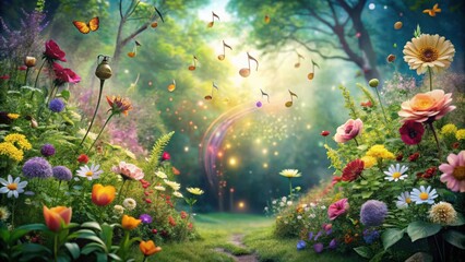 A magical woodland pathway lined with blooming flowers and sparkling with musical notes floating in the air
