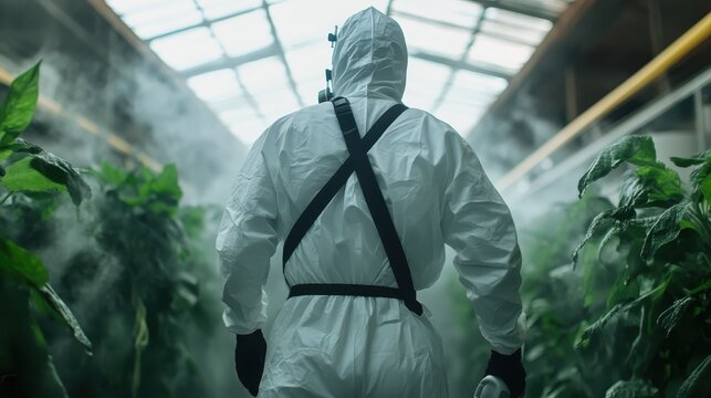 A scientist in a white hazmat suit stands amidst lush greenery enveloped in mist, depicting a scene of research and exploration within a mysterious, futuristic setting. - Powered by Adobe