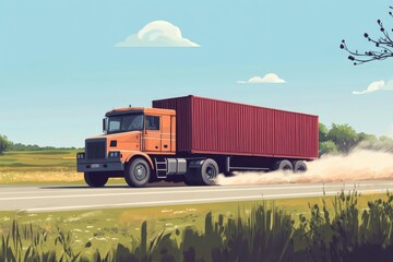 Illustration of a cargo truck in motion, its container filled with goods, dust kicking up behind as it speeds through a countryside road, dynamic angle
