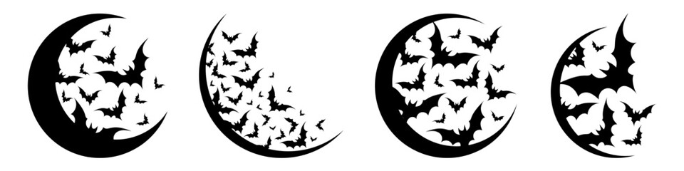 Crescent moon with flying bats black silhouette. Moon with bats icon, sticker, badge or print for a T-shirt for the Halloween. Vector hand drawn illustration isolated on white background.