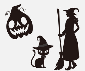 Big collection of silhouettes of Halloween. Horror set of Halloween sticker sketch set. Hand drawn doodle. Set of halloween and magic elements. Vector element