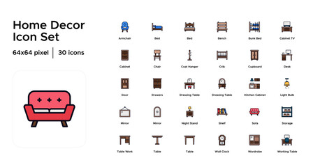 Home Decor Filled Line Icon Set: Wall Art, Lighting, Rugs, Plants, Decorative Items, and Interior Design Elements