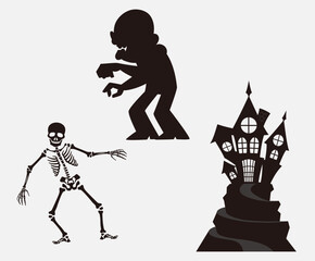 Big collection of silhouettes of Halloween. Horror set of Halloween sticker sketch set. Hand drawn doodle. Set of halloween and magic elements. Vector element