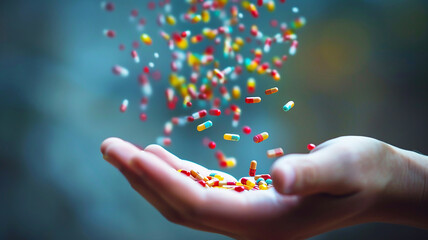 Multicolored medicinal pills and capsules fly in the air above the human palm