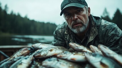 Naklejka premium A weathered fisherman in camouflage presents his fresh harvest of fish by a scenic lake, reflecting a life of experience and adaptation in natural surroundings.
