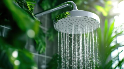 A sleek shower head releasing a cascade of water inside a bathroom surrounded by lush green foliage, capturing the essence of a revitalizing, natural retreat.