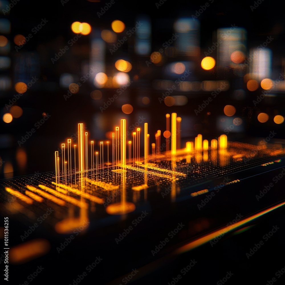 Poster digital sound wave analysis display with glowing bars on a dark background.
