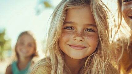Fototapeta premium A young girl with long blonde hair and freckles smiles warmly outdoors under a clear, sunny sky, conveying happiness and innocence captured beautifully in this portrait.