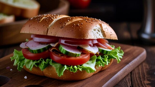 Fresh submarine sandwich with ham, cheese, bacon, tomatoes, cucumbers, lettuce and onions on wooden cutting board