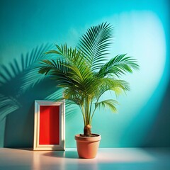 Obraz premium View of green palm tree species from a tree pot with beautiful foliage. 
