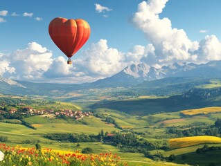 Fototapeta premium A colorful hot air balloon gliding over a picturesque valley filled with lush greenery and vibrant flowers on a sunny day