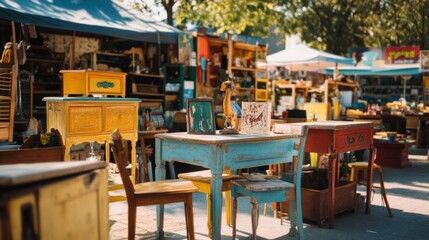Vibrant flea market with colorful furniture and antiques on a sunny day