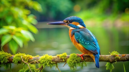 Fototapeta premium A Vibrant Kingfisher Perched on a Moss-Covered Branch, Its Blue and Orange Plumage Contrasting Against the Lush Green Foliage