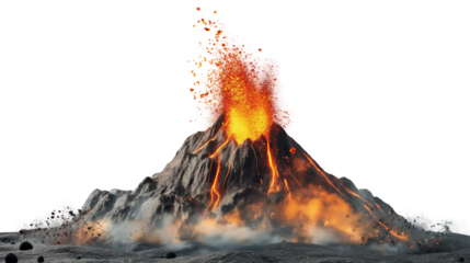 Erupting volcano with lava flowing on transparent background, cut out png
