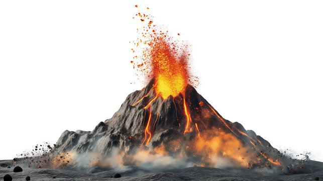 Erupting volcano with lava flowing on transparent background, cut out png