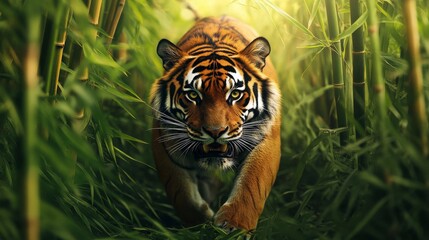 Fototapeta premium Dynamic tiger navigating lush bamboo grove, embodying power and bravery, symbolizing feng shui harmony and vitality