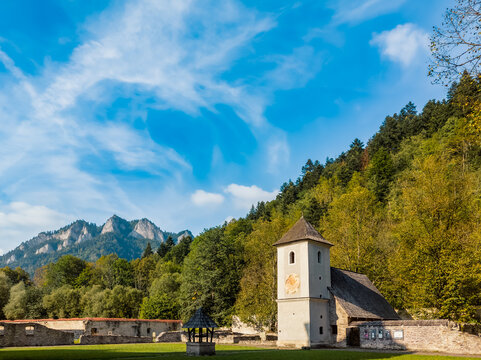 Červen&yacute; Kl&aacute;&scaron;tor, Slowakia - August 26, 2024. Prior&rsquo;s bell tower in the Červen&yacute; Kl&aacute;&scaron;tor (Red Monastery). Trzy Korony (Three Crowns) massif in the background.