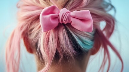 Naklejka premium An artistic portrayal of pink hair adorned with a bow, exuding a playful and whimsical nature, embodying contemporary trends and personal expression.