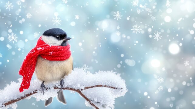A cute little chickadee wearing a red scarf, perched on a snow-covered twig, with delicate snowflakes falling in the background.