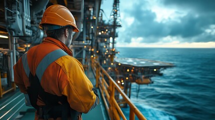 A worker in safety gear examines an offshore oil rig during twilight, highlighting industrial resilience and maritime operations.