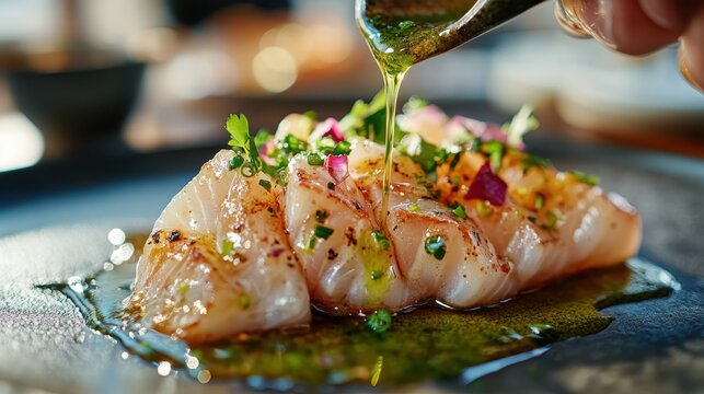 A close-up of freshly sliced sashimi, topped with a vibrant herb-infused olive oil and garnished with colorful herbs and spices, creating a culinary masterpiece.