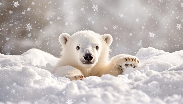 A cute polar bear cub playing in the snow, surrounded by a snowy winter landscape, with snowflakes drifting in the cold breeze.