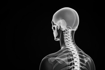 X-ray view of human skull and spine in black background