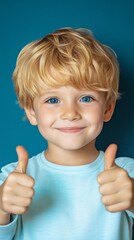 a happy  boy with blonde hair and blue eyes, isolated on a solid color background in a thumbs up pose, 