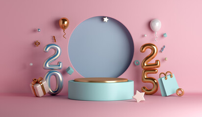 Happy new year 2025 display podium background with balloon, gift box, 3D rendering illustration