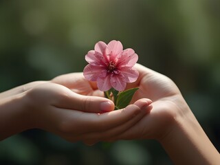 Female hands holding a pink flower