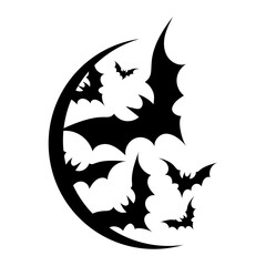 Crescent moon with flying bats black silhouette. Moon with bats icon, sticker, badge or print for a T-shirt for the Halloween. Vector hand drawn illustration isolated on white background.