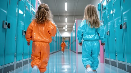Two children in colorful tracksuits walk down a hallway lined with blue lockers in a brightly lit school corridor, capturing a sense of youthful energy.