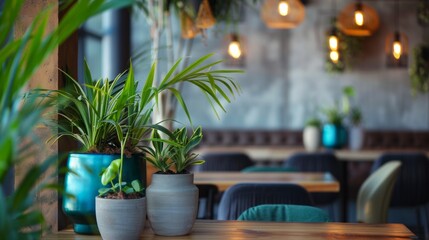 Green Plants in Blue and Gray Pots on a Wooden Tabletop in a Modern Restaurant