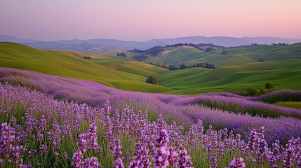 Fototapeta premium Lavender Blooms in Rolling Green Landscape at Sunset
